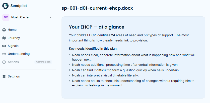Key needs identified in Noah's EHCP, summarised as a starting point for the review.